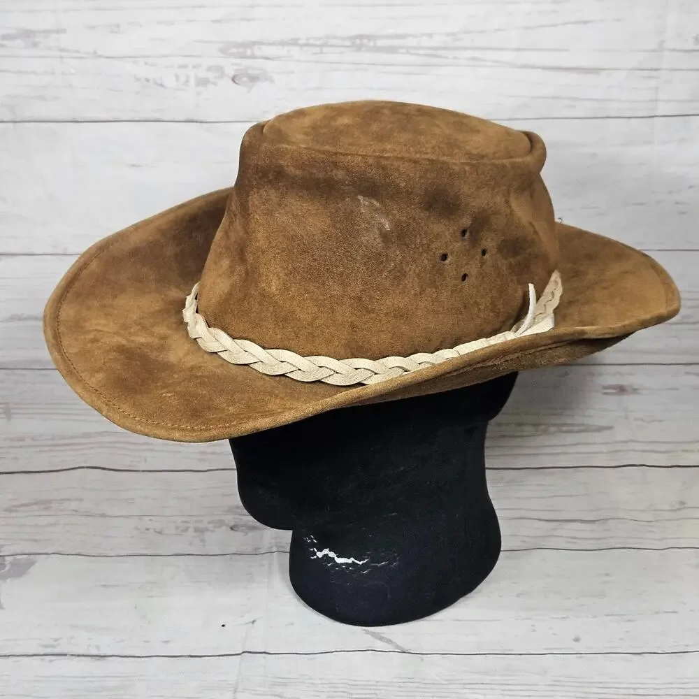 Walkabout Real Leather Outback Bush Hat Men's Large Brown Suede Braided Band